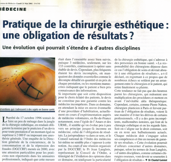 l'ordre et l'obligation de résultat en chirurgie esthétique