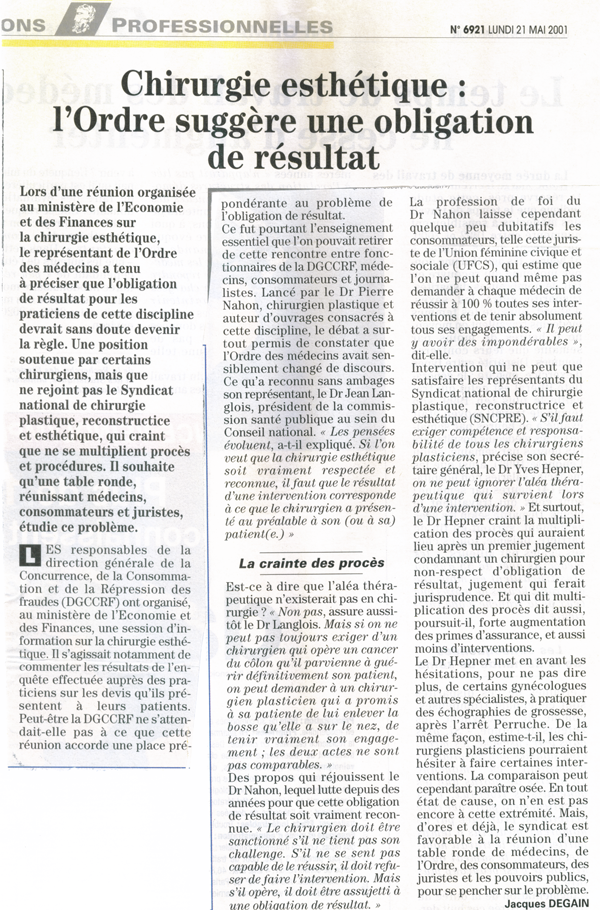 l'obligation de résultat en chirurgie esthétique dans le quotidien du médecin