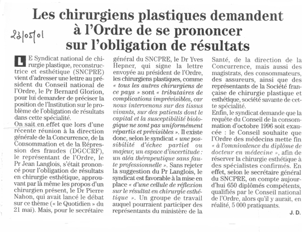 réaction des plasticiens à l'obligation de résultat en chirurgie esthétique